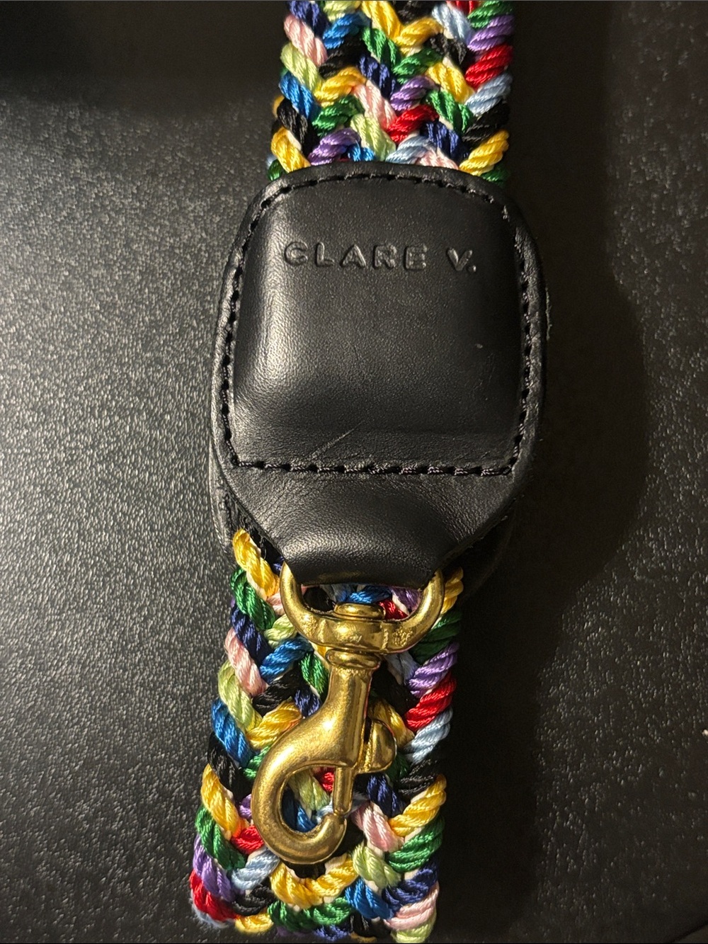 Clare V Rainbow Braided Purse Strap with Black Leather Ends & Gold Hardware